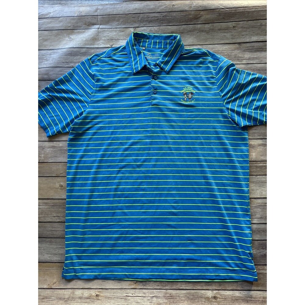Under Armour shirt men's Blue Yellow short sleeve polo striped pinehurst 1895 XL